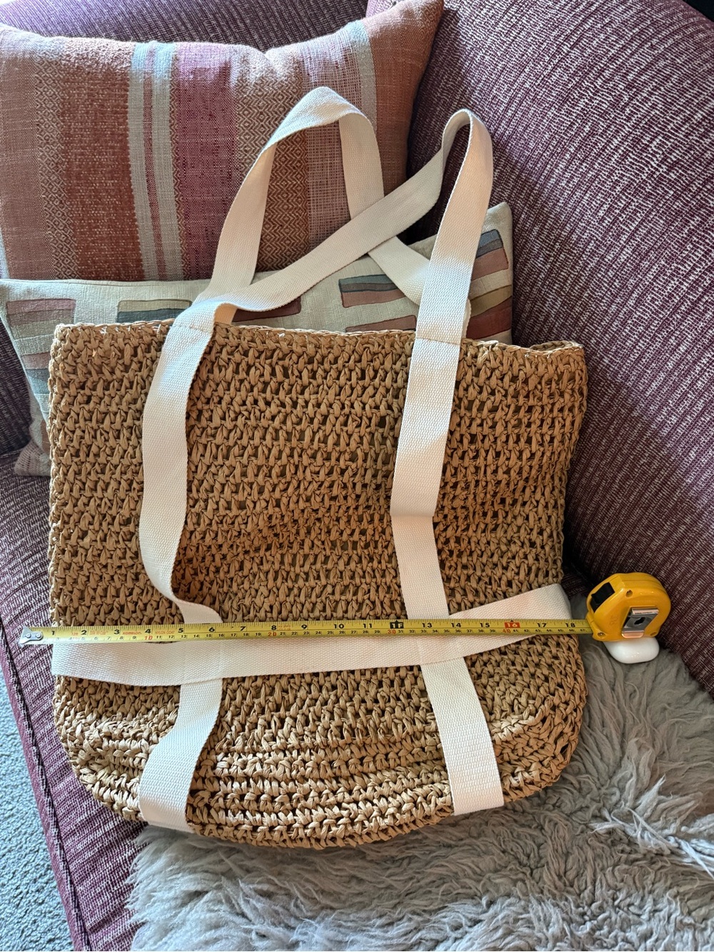 Natural Woven Straw Tote Bag with Cream Straps